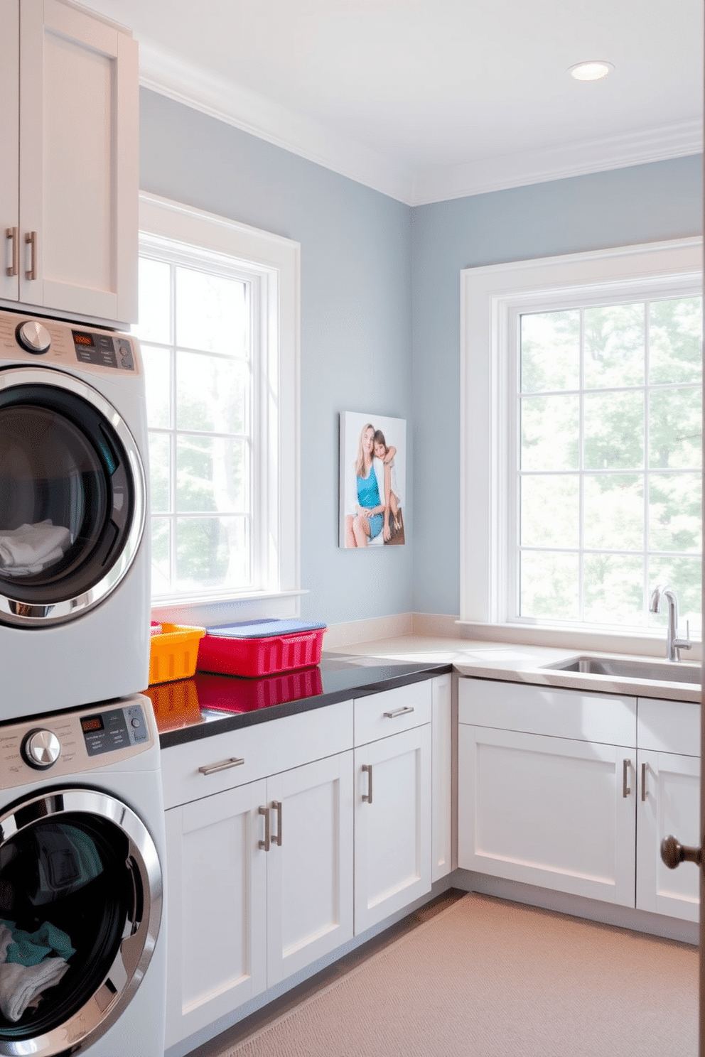 A functional laundry room featuring color-coded bins for sorting laundry. The space includes a sleek countertop for folding clothes and a stylish washer and dryer stacked for efficiency. The walls are painted in a soft blue hue, complementing the white cabinetry. A large window allows natural light to flood the room, enhancing the overall brightness and creating a welcoming atmosphere.