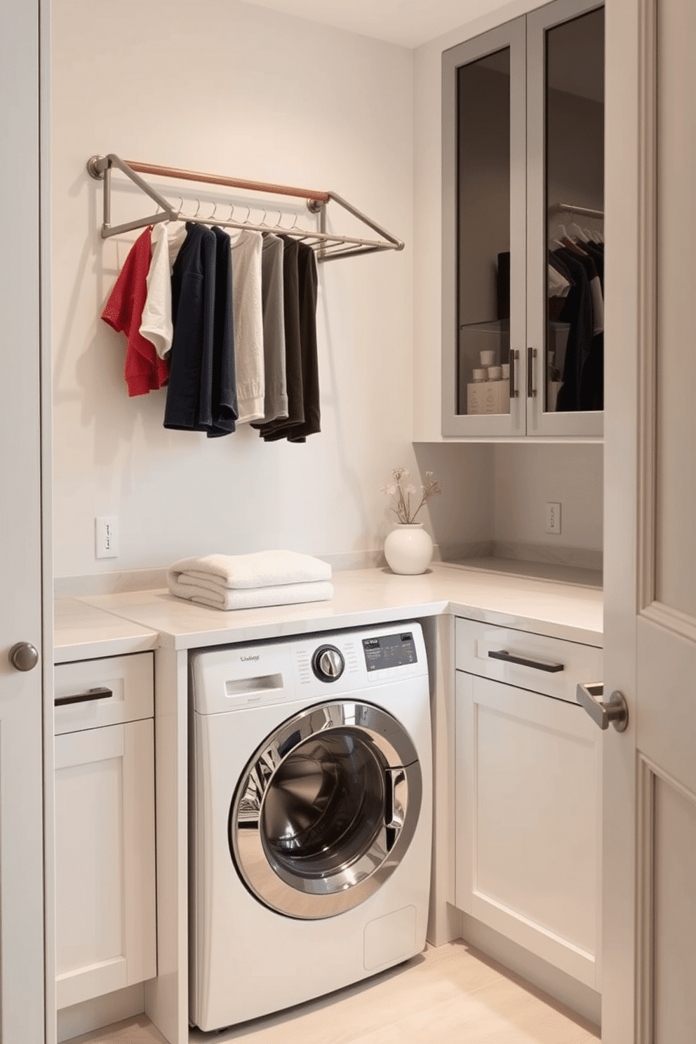 A stylish laundry room that seamlessly combines functionality with aesthetics. The space features a fold-down drying rack mounted on the wall, providing convenience without sacrificing design. The room includes a sleek countertop made of quartz, perfect for folding clothes, and underneath, there are ample storage cabinets in a soft white finish. A modern washing machine and dryer are integrated into the cabinetry, maintaining a clean and organized look.