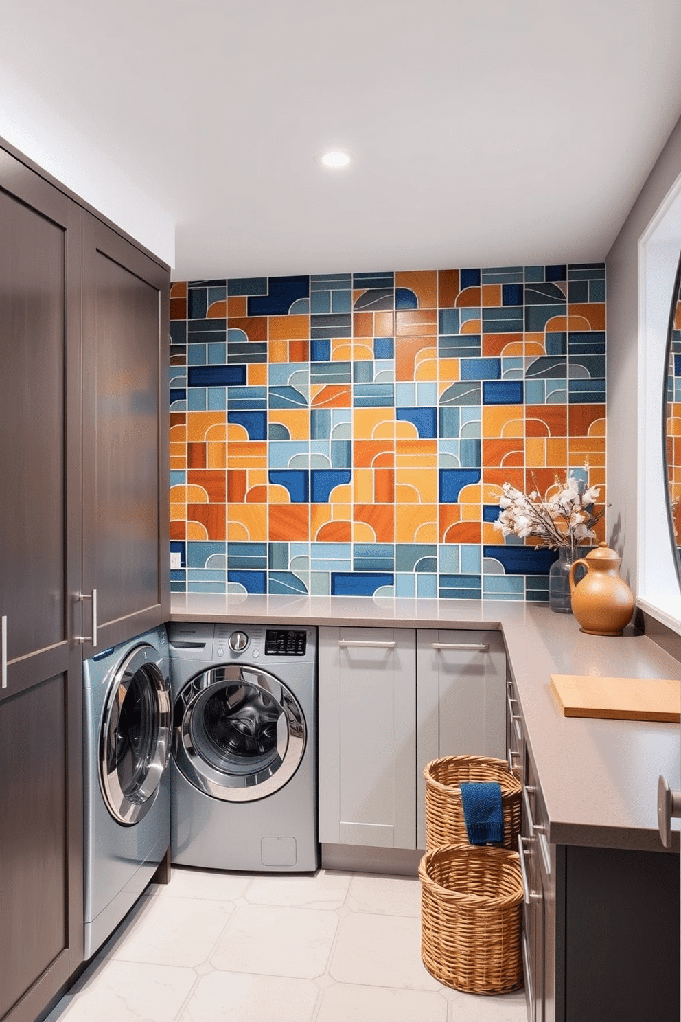 A stylish laundry room that combines functionality with aesthetics. The feature wall showcases bold, geometric tiles in vibrant colors, creating a striking focal point. To the left, a sleek washer and dryer are seamlessly integrated into cabinetry with a modern finish. The countertops are crafted from a durable material, providing ample space for folding laundry, while decorative baskets add warmth and organization.