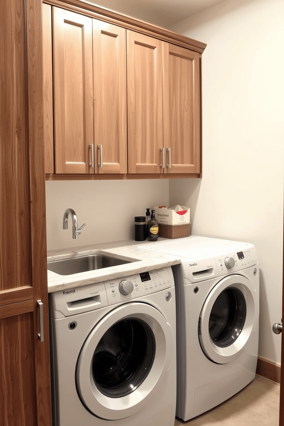 A functional laundry room featuring a utility sink seamlessly integrated into the design. The space includes ample cabinetry for storage, with a stylish countertop above the washer and dryer, providing both utility and aesthetics.