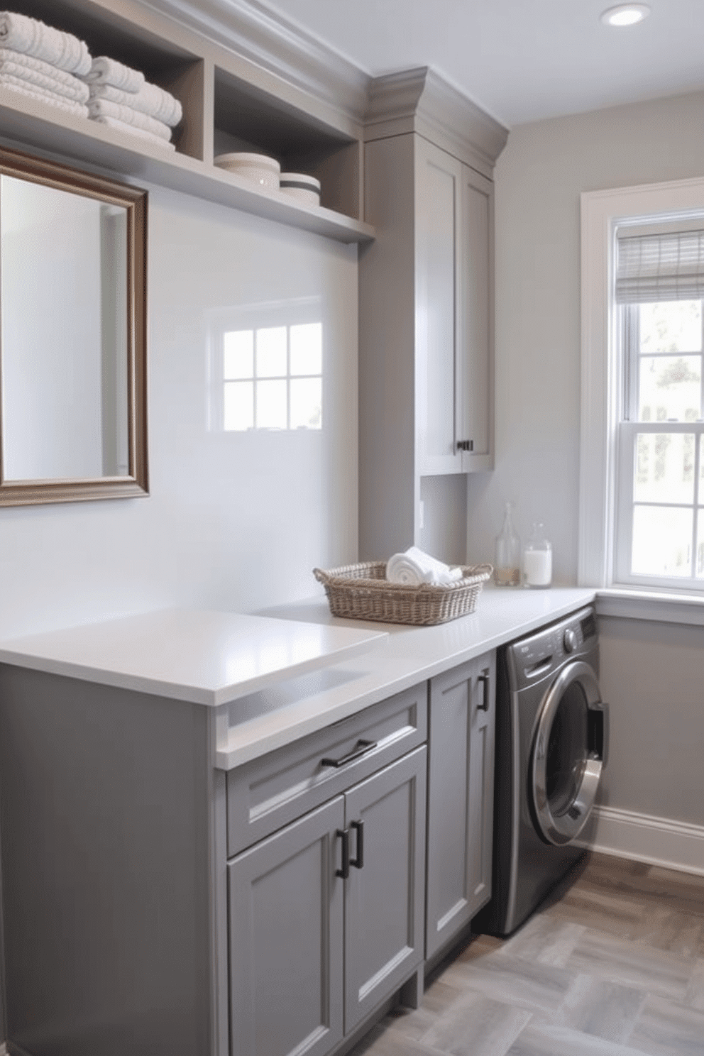 A designated folding area features a sleek countertop made of light-colored quartz, providing a clean and modern look. Above the countertop, open shelving displays neatly folded towels and laundry essentials, while a stylish, framed mirror reflects the space. The laundry room combines functionality with aesthetics, showcasing a washer and dryer set beneath a custom cabinetry in a soft gray finish. A large window allows natural light to flood the room, and decorative baskets are placed on the countertop for easy organization of laundry items.