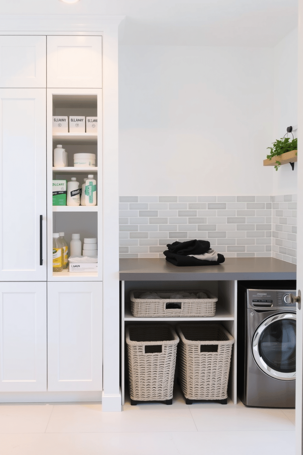 A modern laundry room featuring a combination of functionality and style. The space includes a sleek countertop for folding clothes, with organized baskets below for laundry storage. To the left, a built-in cabinet houses cleaning supplies and additional storage. The walls are painted in a crisp white, complemented by a stylish backsplash in soft pastel tiles.