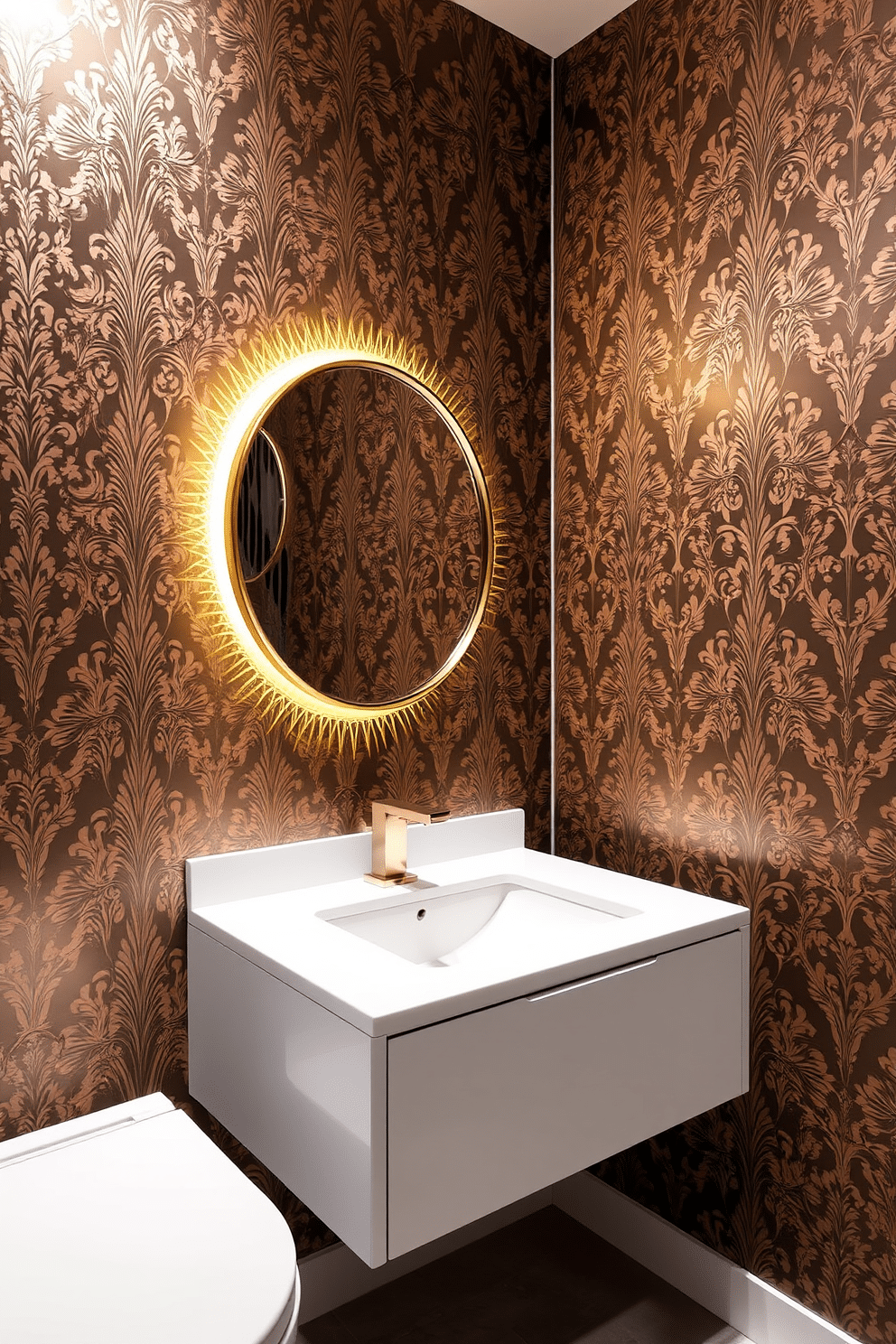 Elegant wallpaper with gold accents creates a luxurious atmosphere in the bathroom. The walls are adorned with intricate patterns, reflecting light and adding depth to the space. A sleek, modern powder room features a floating vanity with a glossy white finish. Above the vanity, a stylish round mirror framed in gold complements the wallpaper, enhancing the overall elegance of the design.