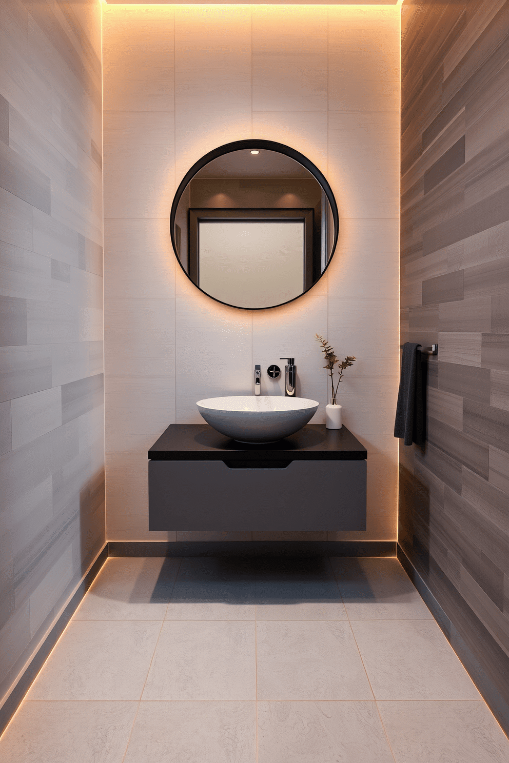 Textured wall panels create an inviting atmosphere in a modern powder room, featuring a sleek, floating vanity with a vessel sink. The walls are adorned with a subtle geometric pattern, complemented by warm lighting that enhances the rich textures and colors. The floor is finished with large-format tiles in a soft gray, providing a contemporary backdrop. A round mirror with an integrated LED light fixture hangs above the vanity, while decorative accents like a stylish soap dispenser and a fresh plant add a touch of elegance.