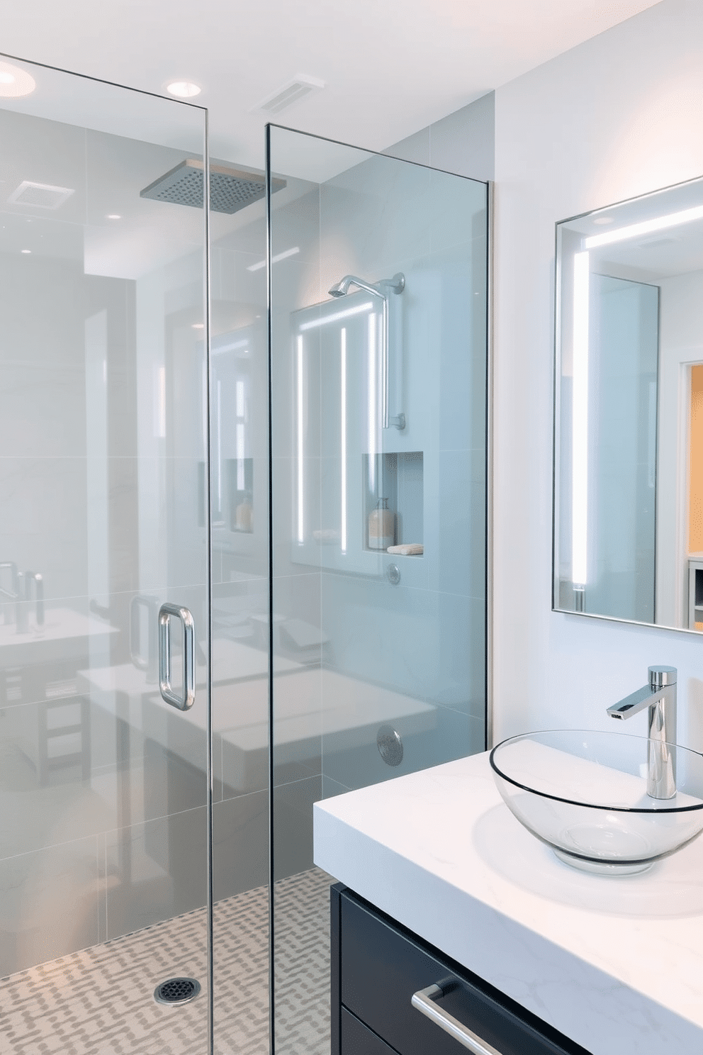 A sleek glass shower enclosure features frameless glass panels that create an open and airy feel, allowing natural light to flow through the space. The shower is equipped with a modern rainfall showerhead and minimalist chrome fixtures, complemented by a subtle tile pattern in soft gray tones. The bathroom powder room showcases elegant design elements with a floating vanity topped with a polished stone surface. Soft ambient lighting illuminates the space, highlighting a stylish mirror with integrated LED lights and a chic vessel sink that adds a touch of sophistication.