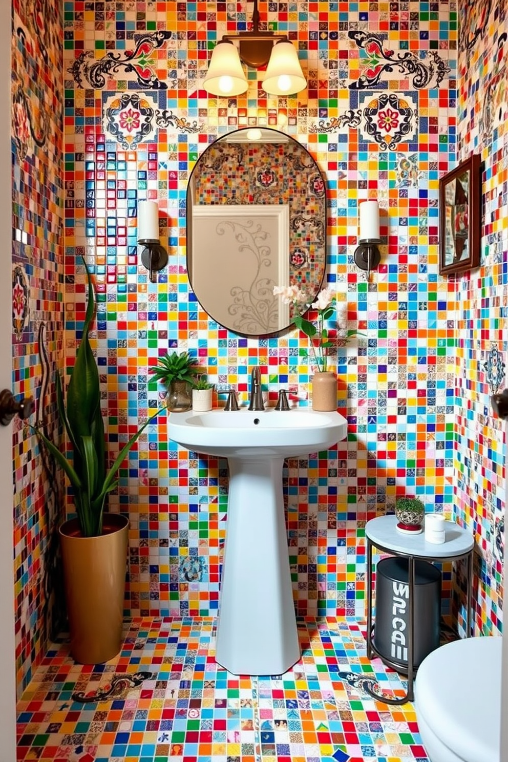 A vibrant powder room featuring colorful mosaic tiles that create a lively and artistic atmosphere. The walls are adorned with intricate patterns, while the floor showcases a mix of bold colors that complement the overall design. The centerpiece is a sleek white pedestal sink with a modern faucet, surrounded by decorative elements like potted plants and stylish accessories. Soft lighting highlights the mosaic details, enhancing the room's cheerful ambiance while maintaining a sense of sophistication.