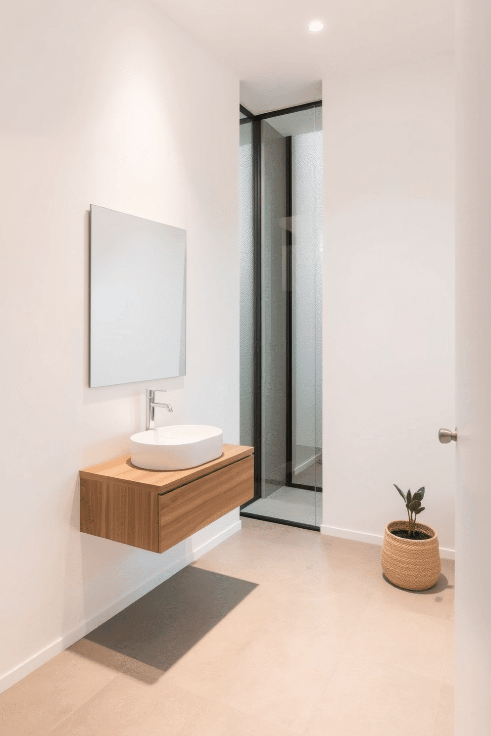 A minimalist bathroom powder room features sleek, clean lines and a calming color palette. The walls are painted in a soft white, complemented by a floating wooden vanity with a single undermount sink and a large frameless mirror above it. Natural light floods the space through a frosted glass window, enhancing the airy feel. The floor is adorned with large, pale gray tiles, and a simple potted plant adds a touch of greenery to the serene environment.