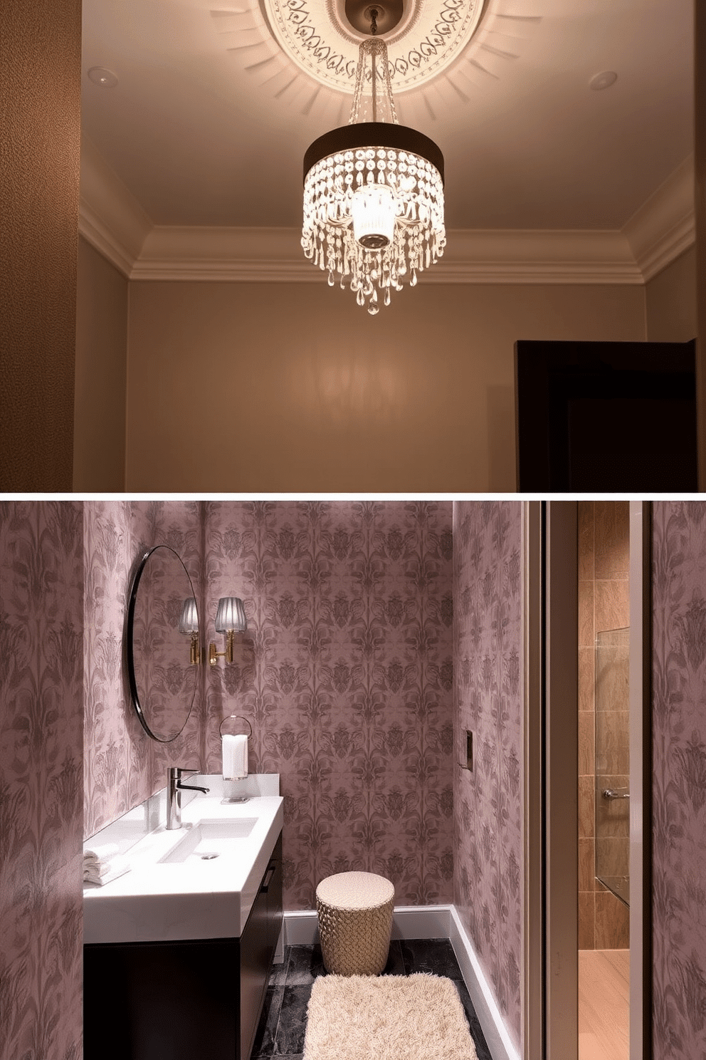 A luxurious chandelier hangs gracefully from the ceiling, its crystal droplets reflecting light and adding a touch of glamour. Below, the bathroom features a stylish powder room design with soft, ambient lighting that enhances the sophisticated atmosphere. The walls are adorned with elegant wallpaper in a subtle pattern, complemented by a sleek, modern vanity with a polished marble top. A plush area rug lies beneath the vanity, providing warmth and comfort to the space while coordinating with the overall color scheme.