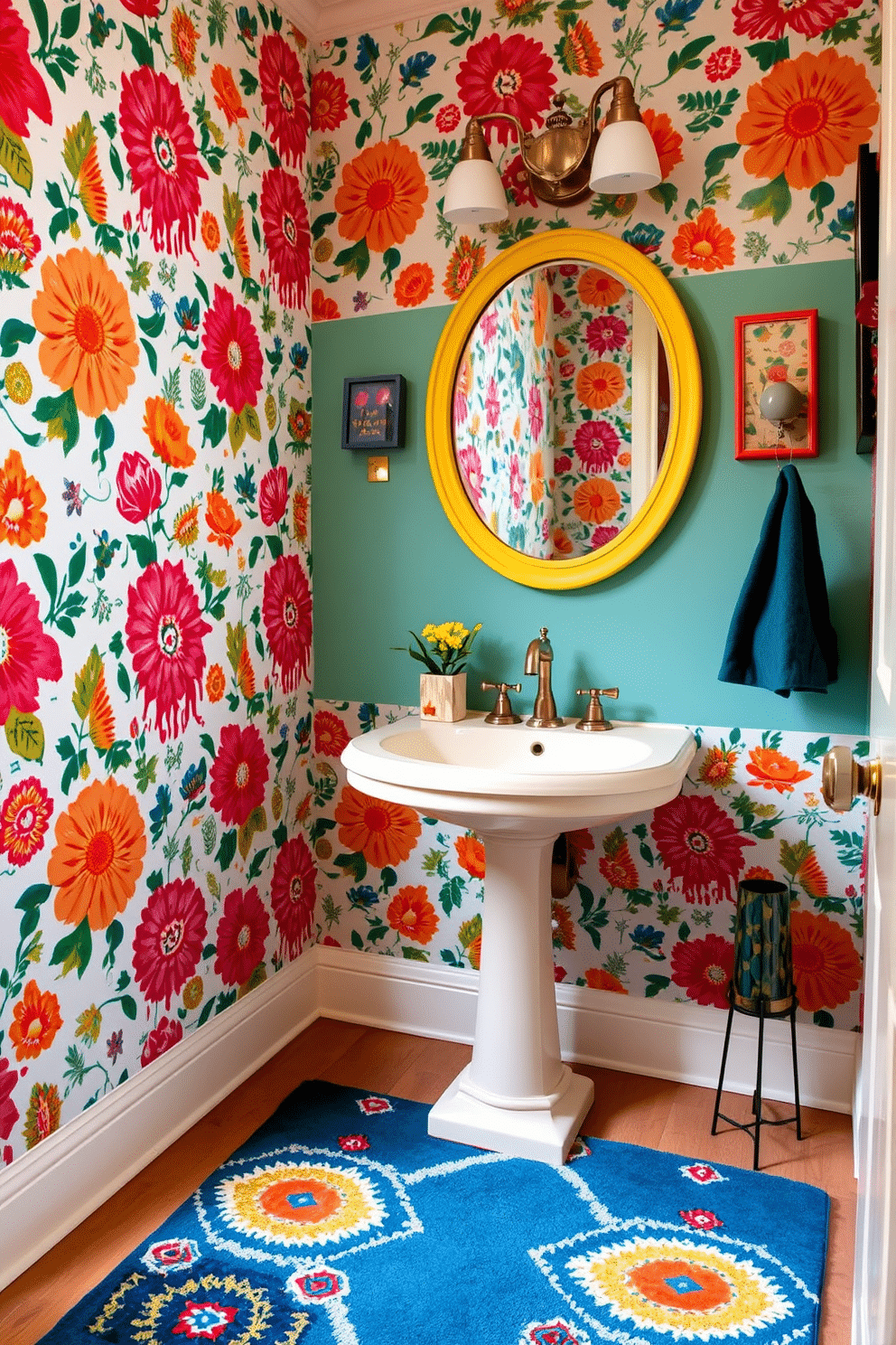 A whimsical powder room design featuring playful wallpaper adorned with vibrant patterns of florals and geometric shapes. The space includes a petite pedestal sink with a vintage-style faucet and a round mirror framed in a bright, cheerful color. To complement the wallpaper, a colorful rug lies on the floor, adding warmth and texture. Decorative accents such as quirky wall art and a small potted plant enhance the playful atmosphere of the room.