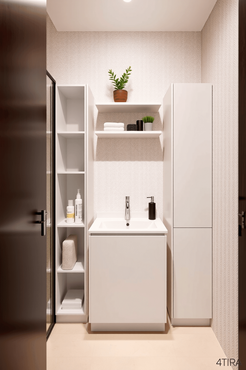 A sleek powder room featuring integrated storage solutions that blend seamlessly with the decor. The cabinetry is designed with minimalist lines and finished in a soft matte white, providing ample space for toiletries while maintaining a clean aesthetic. The walls are adorned with a textured wallpaper in a soft pastel hue, creating a warm and inviting atmosphere. A stylish floating shelf above the sink displays decorative items, while a small potted plant adds a touch of life to the space.