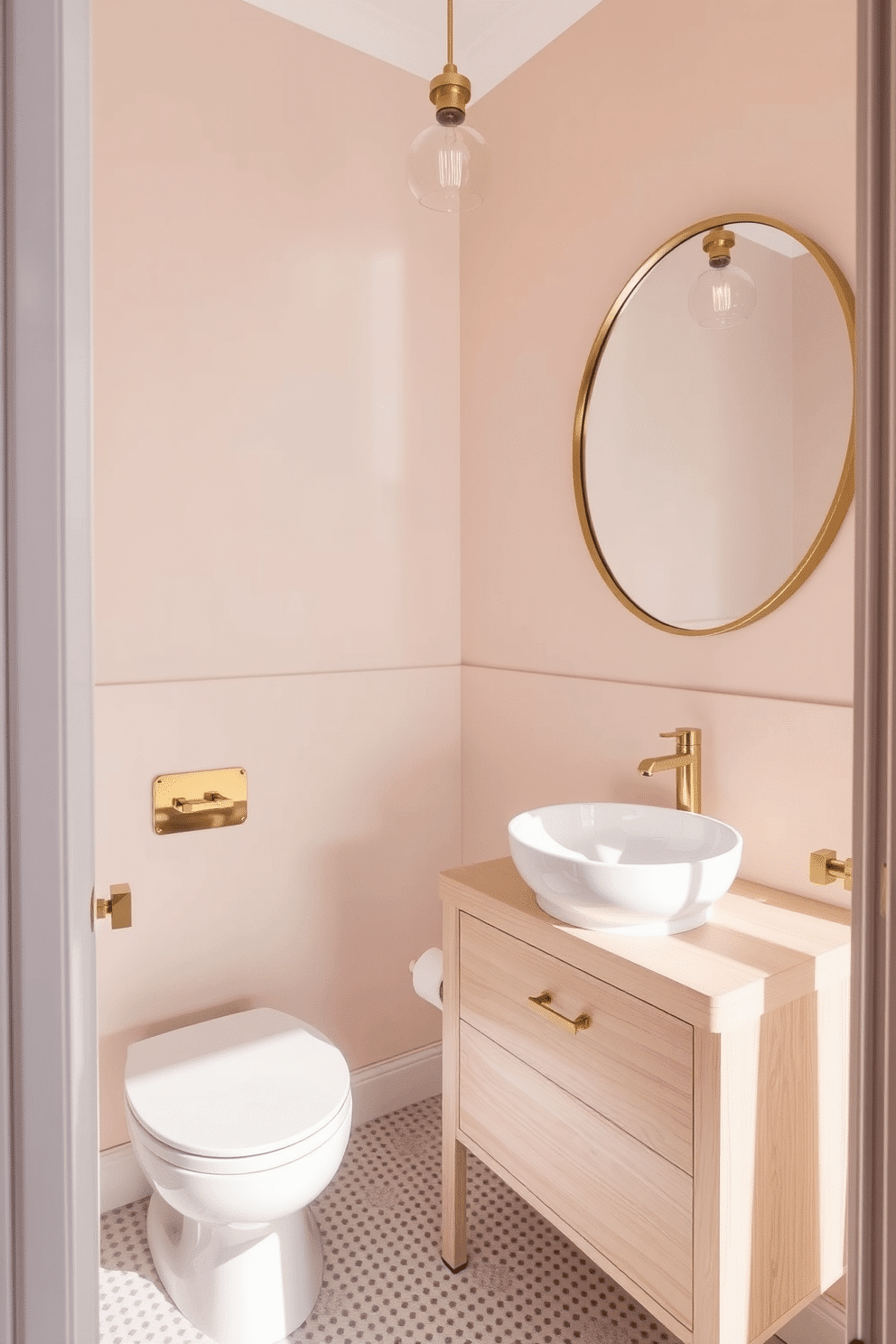 A serene bathroom powder room featuring soft pastel colors on the walls, creating a calming atmosphere. Elegant fixtures in brushed gold complement the delicate hues, while a sleek white sink sits atop a light wood vanity. The floor is adorned with subtle patterned tiles that enhance the tranquil feel of the space. A round mirror with a soft gold frame reflects the gentle lighting from a stylish pendant above, adding warmth and charm.