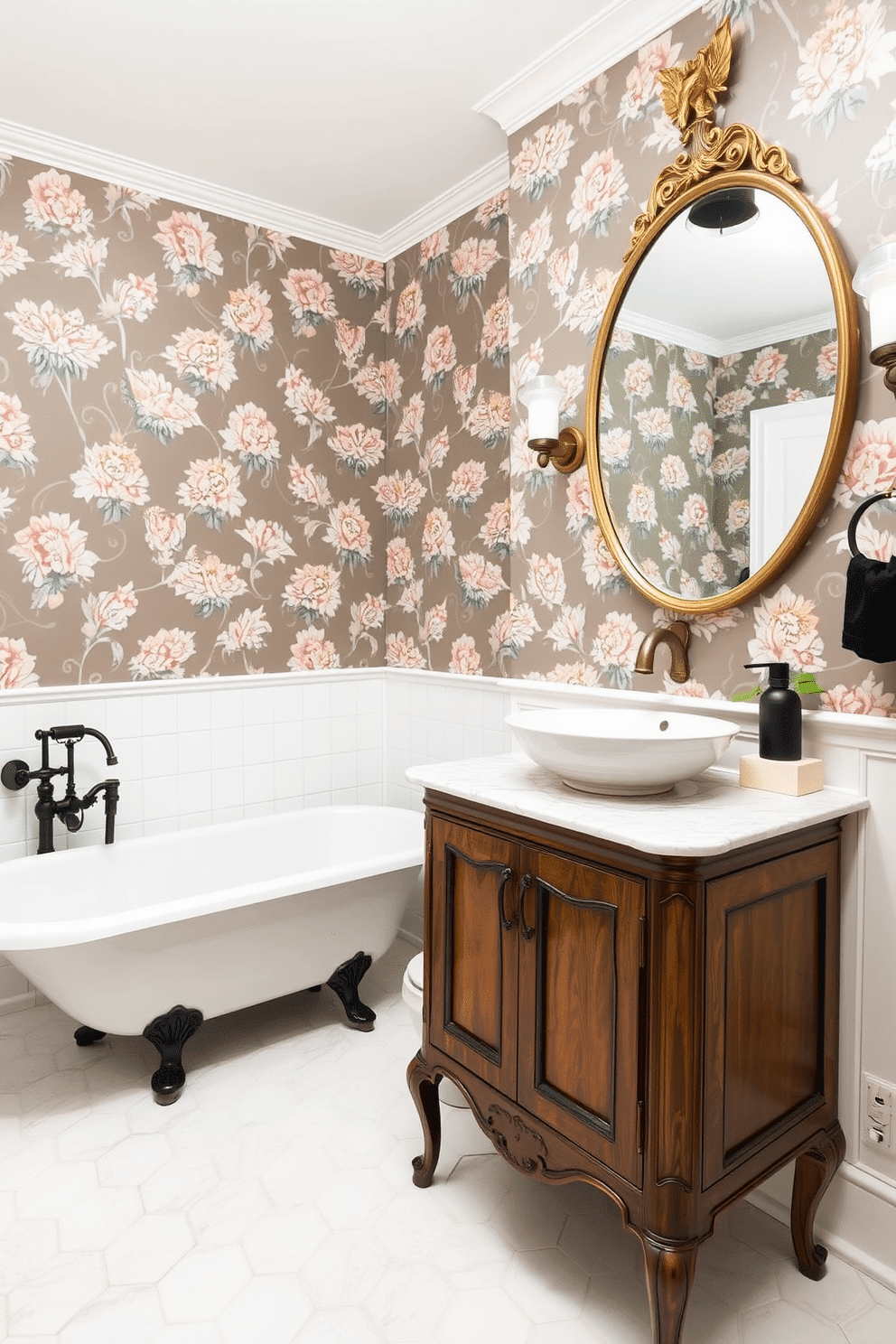 A charming bathroom powder room featuring vintage fixtures with modern updates. The space includes a classic clawfoot bathtub, complemented by a sleek, contemporary faucet in matte black. The walls are adorned with elegant wallpaper showcasing a floral pattern in soft pastels, while the floor is covered in polished hexagonal tiles. A vintage-style wooden vanity with a marble top holds a stylish vessel sink, and a large round mirror with an antique gold finish hangs above it.