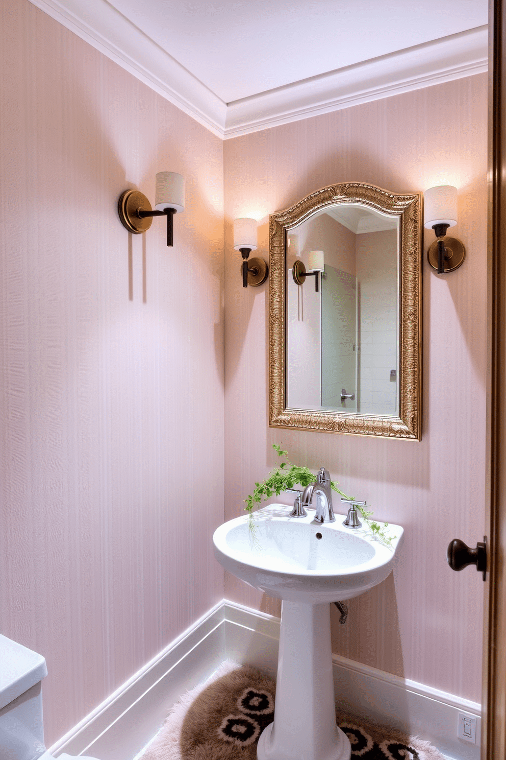 A chic bathroom powder room featuring stylish sconces that provide warm ambient lighting. The walls are adorned with a soft, neutral wallpaper, and the sconces are elegantly mounted on either side of a beautifully framed mirror. The space includes a sleek pedestal sink with a polished chrome faucet, complemented by a plush, patterned rug beneath. A delicate arrangement of greenery sits on the countertop, enhancing the inviting atmosphere of the room.