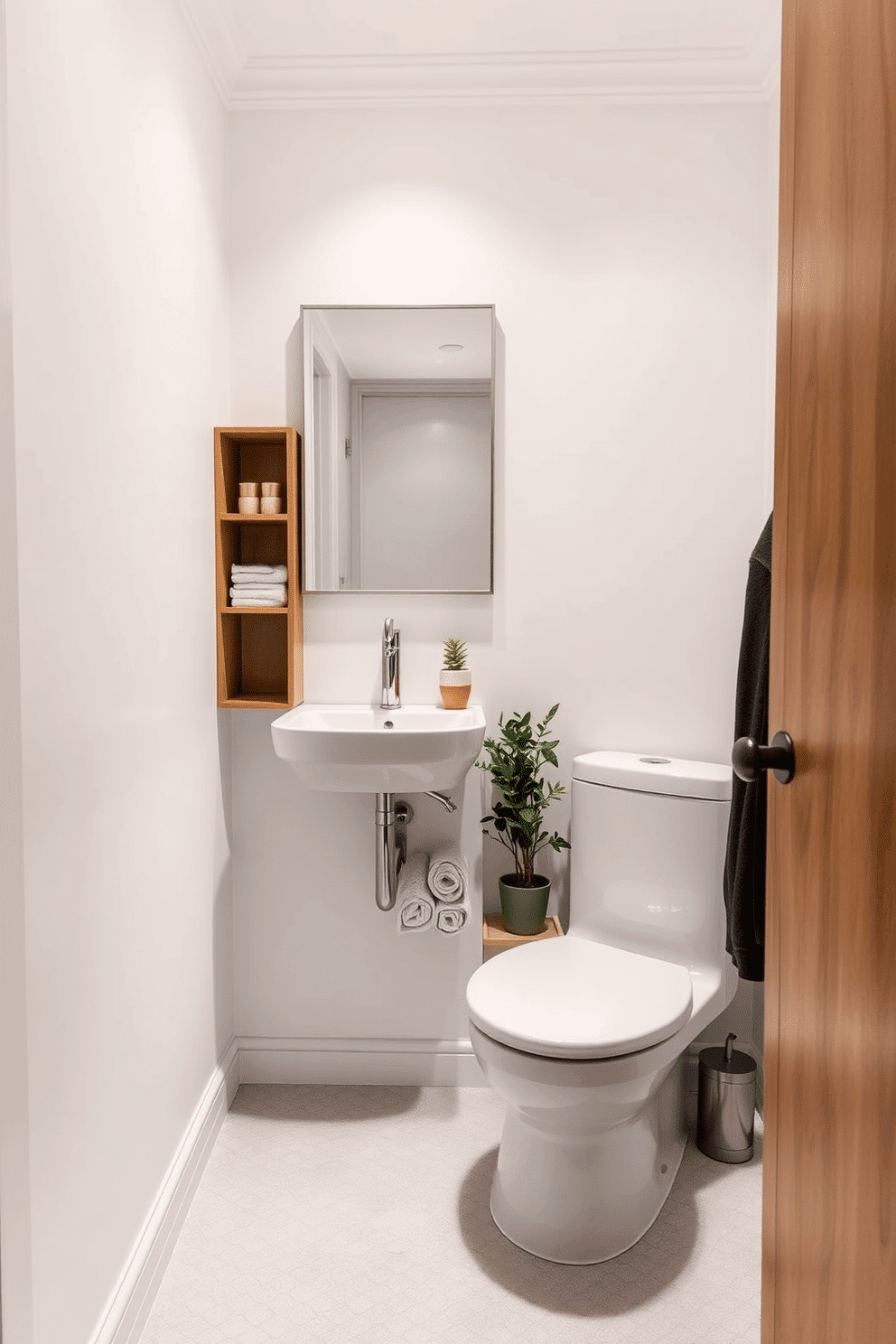 A compact bathroom design featuring a sleek, wall-mounted sink with a mirror above it, framed in brushed nickel. The walls are painted a soft white, and the floor is adorned with light gray hexagonal tiles, creating an illusion of space. To maximize functionality, a small, open shelving unit is positioned beside the sink, displaying neatly rolled towels and decorative items. A potted plant adds a touch of greenery, while a stylish, compact toilet fits seamlessly into the design.