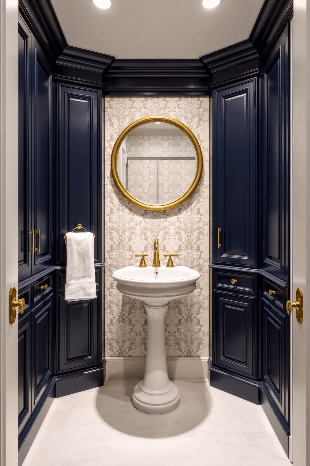 A stylish powder room featuring custom cabinetry that maximizes storage while enhancing the room's aesthetic. The cabinetry is finished in a rich navy blue, with brass hardware and intricate moldings, creating a luxurious focal point. The space includes a chic pedestal sink with a vintage-inspired faucet, complemented by a large round mirror framed in gold. Soft, ambient lighting illuminates the room, highlighting the elegant wallpaper with a subtle floral pattern, creating a serene atmosphere.