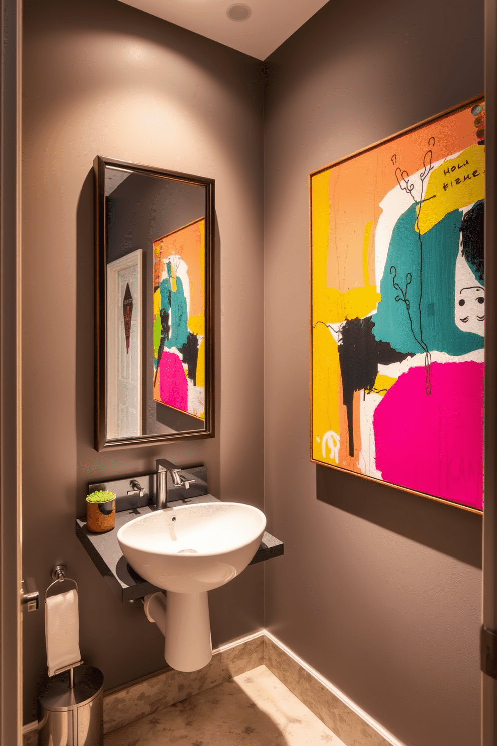 A contemporary powder room featuring bold art pieces that serve as focal points. The walls are adorned with vibrant abstract paintings, and a sleek, minimalist vanity complements the overall aesthetic. The space includes a unique sculptural sink that adds a touch of elegance. Warm lighting highlights the artwork, creating an inviting atmosphere for guests.