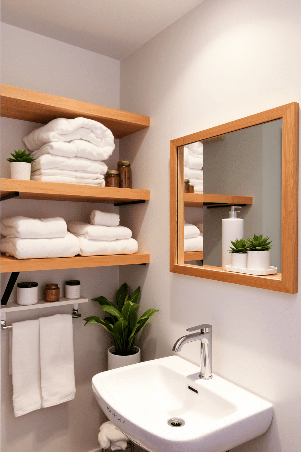 A stylish bathroom powder room featuring open shelving that combines functionality with aesthetic appeal. The shelves are adorned with neatly arranged towels, decorative jars, and plants, creating a welcoming and organized space. The walls are painted in a soft, neutral tone, complementing the natural wood of the open shelves. A sleek, modern sink sits below a framed mirror, with ambient lighting enhancing the overall elegance of the room.