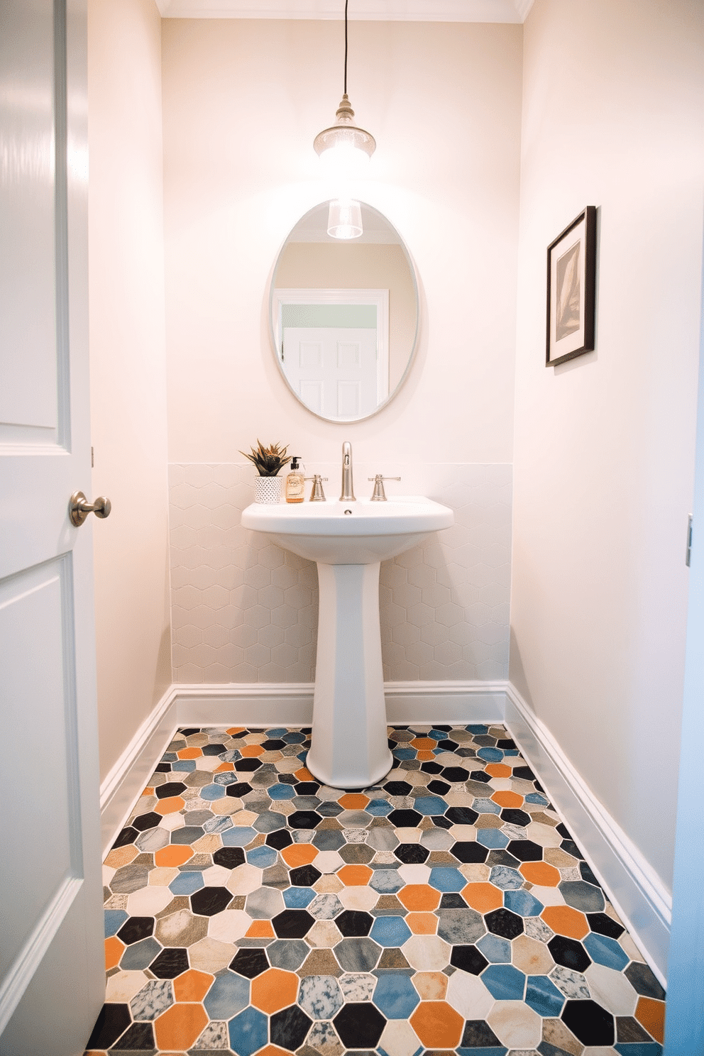 A stylish bathroom powder room featuring unique tile shapes, including hexagons and elongated rectangles, arranged in an eye-catching pattern on the floor. The walls are adorned with a soft pastel hue, complementing the vibrant tile design and creating a welcoming atmosphere. The focal point of the room is a sleek pedestal sink with a modern faucet, surrounded by decorative accents like a small potted plant and a chic soap dispenser. Soft lighting from a contemporary fixture highlights the artistic tile layout, enhancing the overall elegance of the space.