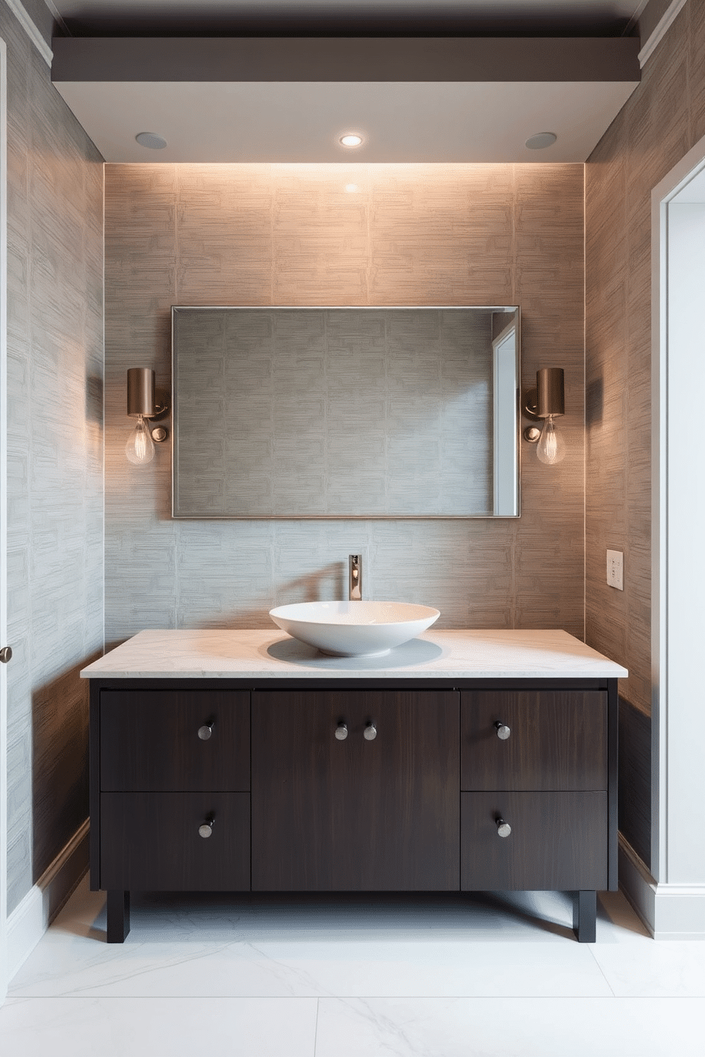 A sophisticated bathroom powder room featuring a muted color palette with soft grays and gentle taupes. The walls are adorned with elegant wallpaper that adds texture, complemented by a sleek, modern vanity in a dark wood finish. The countertop is made of polished quartz, providing a luxurious surface for a stylish vessel sink. A large, frameless mirror reflects the ambient lighting from chic sconces flanking either side, enhancing the room's serene atmosphere.