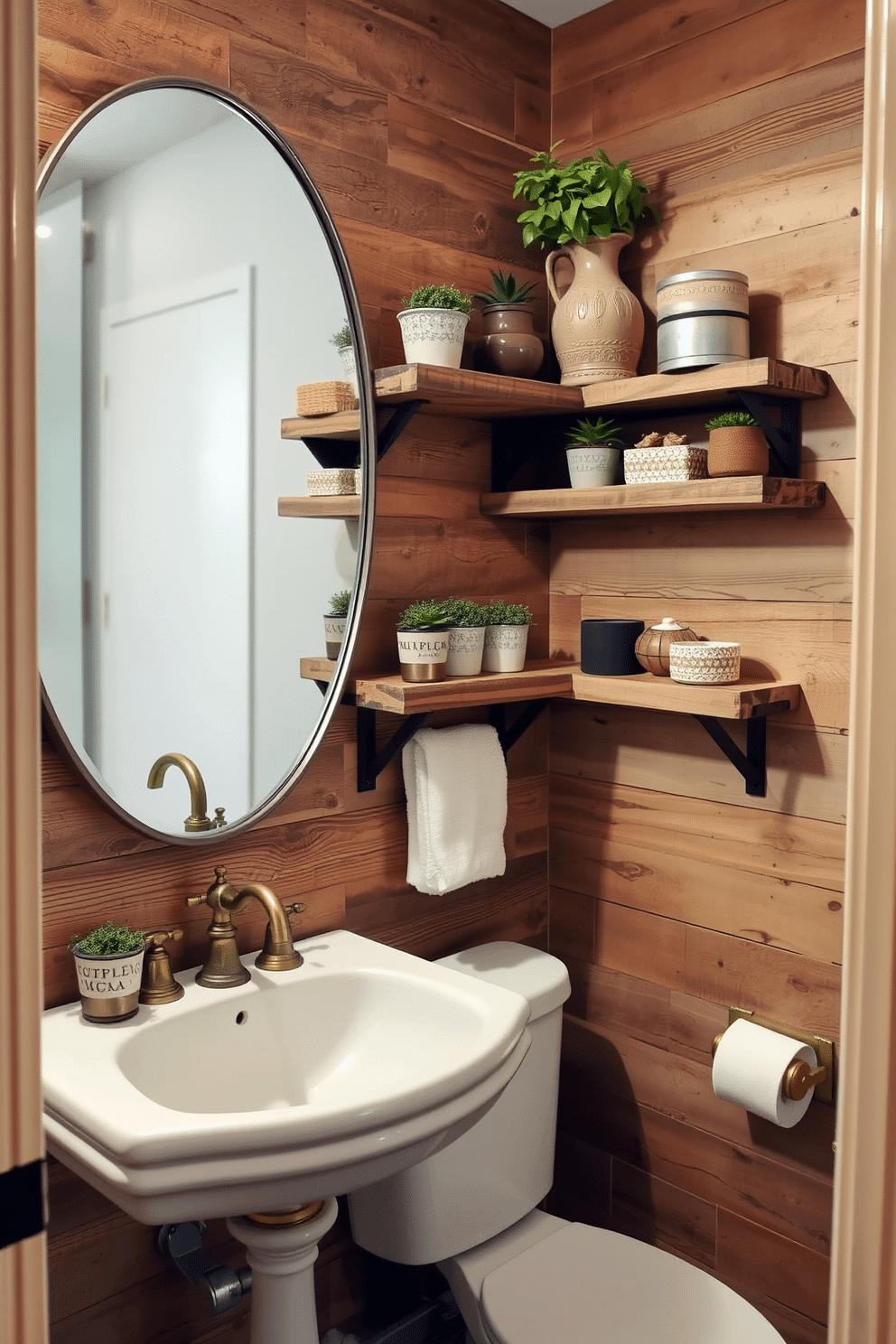 A cozy bathroom powder room featuring rustic wood shelves adorned with various decorative items, including potted plants and artisanal pottery. The shelves are mounted on a reclaimed wood wall, creating a warm and inviting atmosphere. The powder room includes a vintage-style sink with a brushed brass faucet, complemented by a large round mirror above it. Soft, ambient lighting enhances the natural textures of the wood and the calming color palette of earthy tones.