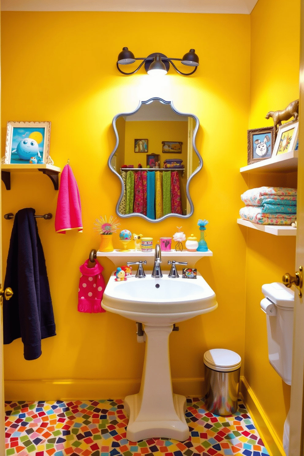 A vibrant bathroom filled with bright colors and playful accessories. The walls are painted in a cheerful yellow, complemented by colorful mosaic tiles on the floor. A whimsical mirror with a unique shape hangs above a white pedestal sink, adorned with fun, quirky decorations. Shelves filled with colorful towels and playful art pieces add personality to the space.