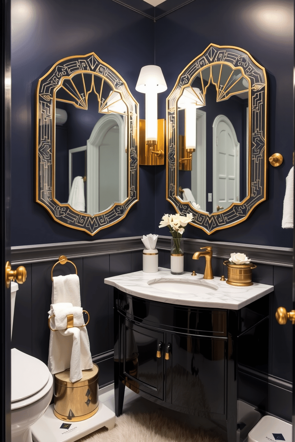 A chic bathroom powder room featuring art deco mirrors with intricate geometric designs, reflecting elegance and style. The walls are adorned with deep navy blue paint, complemented by a luxurious gold and white color palette throughout the space. The centerpiece is a sleek marble sink atop a vintage-style vanity with glossy black finishes. Accents of brass in the fixtures and accessories enhance the opulent atmosphere, while a plush area rug adds warmth underfoot.