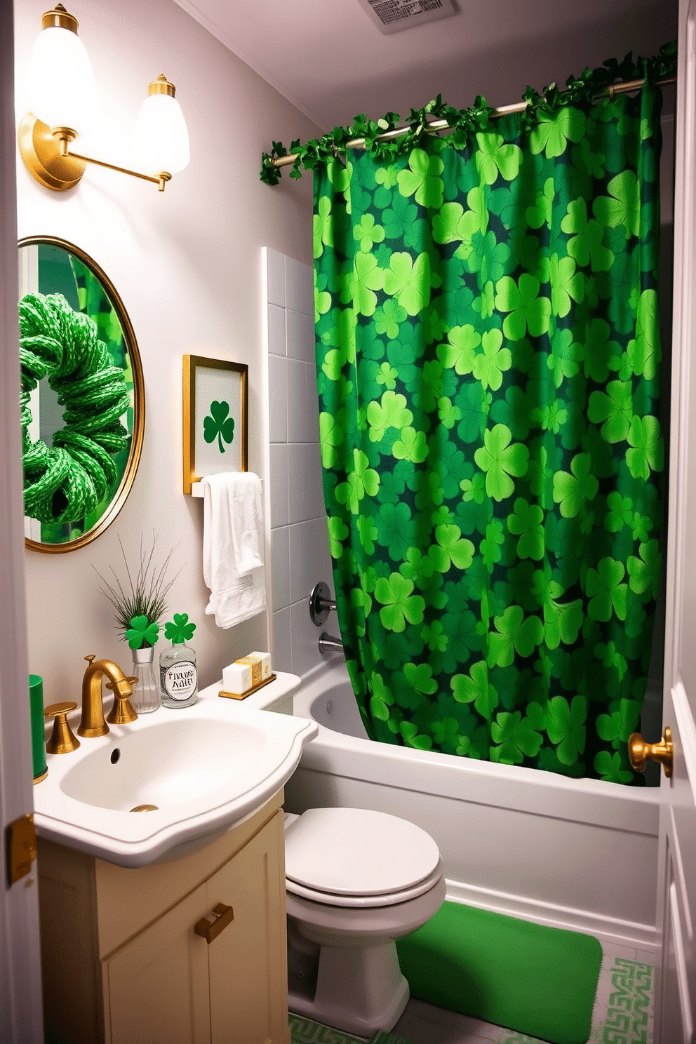 A vibrant bathroom adorned with a green shamrock shower curtain, bringing a festive touch to the space. The walls are painted in soft white, complemented by gold accents and decorative elements celebrating St. Patrick's Day.