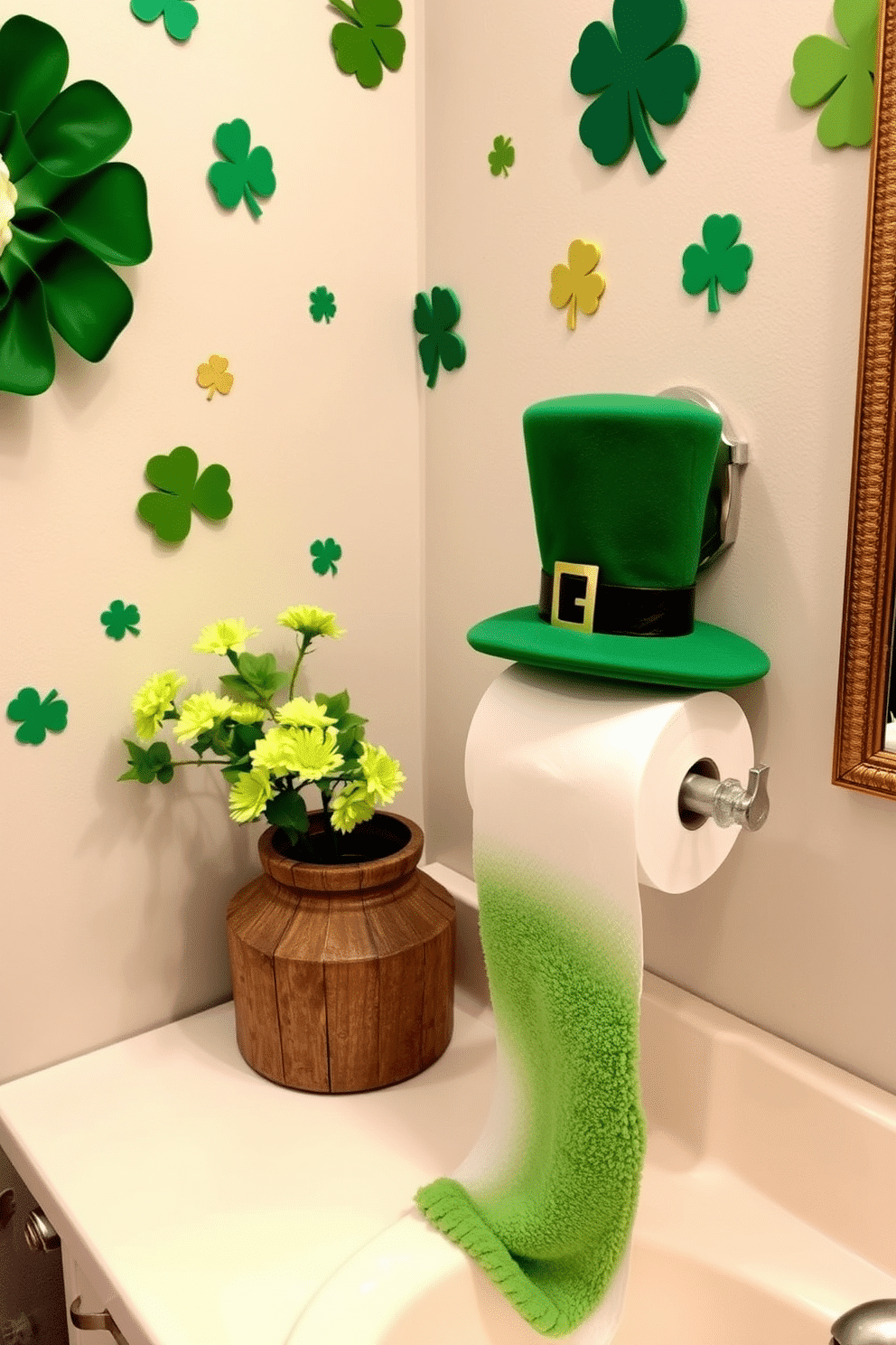 A whimsical bathroom scene featuring a leprechaun hat toilet paper holder, adding a playful touch to the decor. The walls are adorned with cheerful St. Patrick's Day-themed decorations, including green shamrocks and gold accents, creating a festive atmosphere. The countertop is decorated with a small arrangement of fresh green flowers in a rustic vase, complementing the holiday theme. A plush green towel hangs neatly from the towel rack, inviting guests to enjoy the cheerful ambiance.