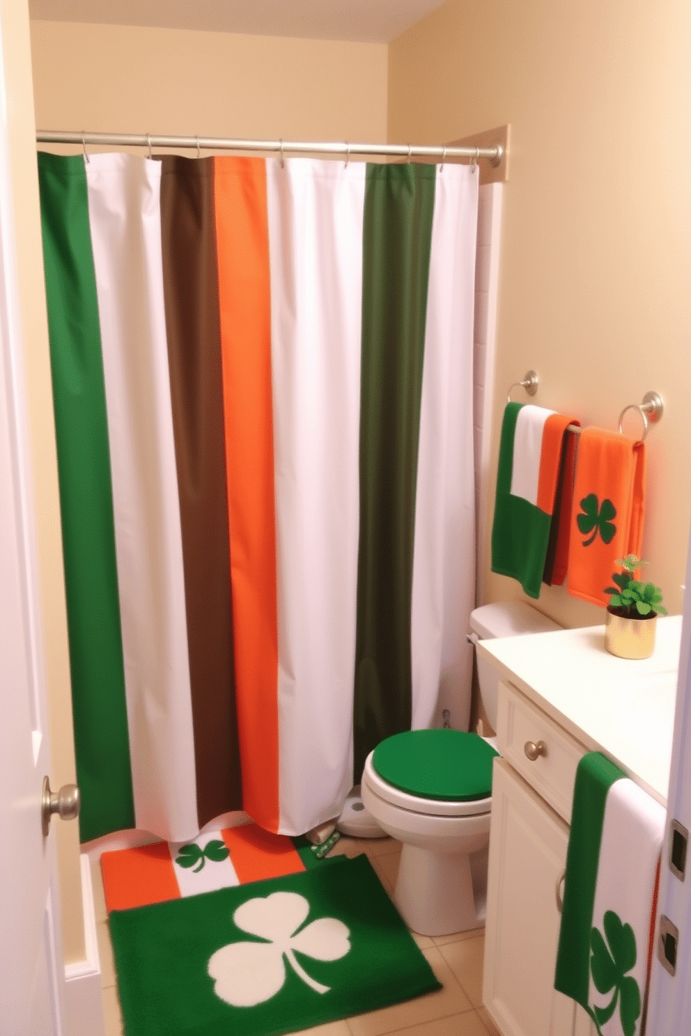 A vibrant bathroom decorated for St. Patrick's Day features Irish flag accessories, including a shower curtain, bath mat, and towels displaying the green, white, and orange colors. The walls are painted a soft cream, creating a warm backdrop for the festive decor, while a small potted shamrock plant adds a touch of greenery to the countertop.