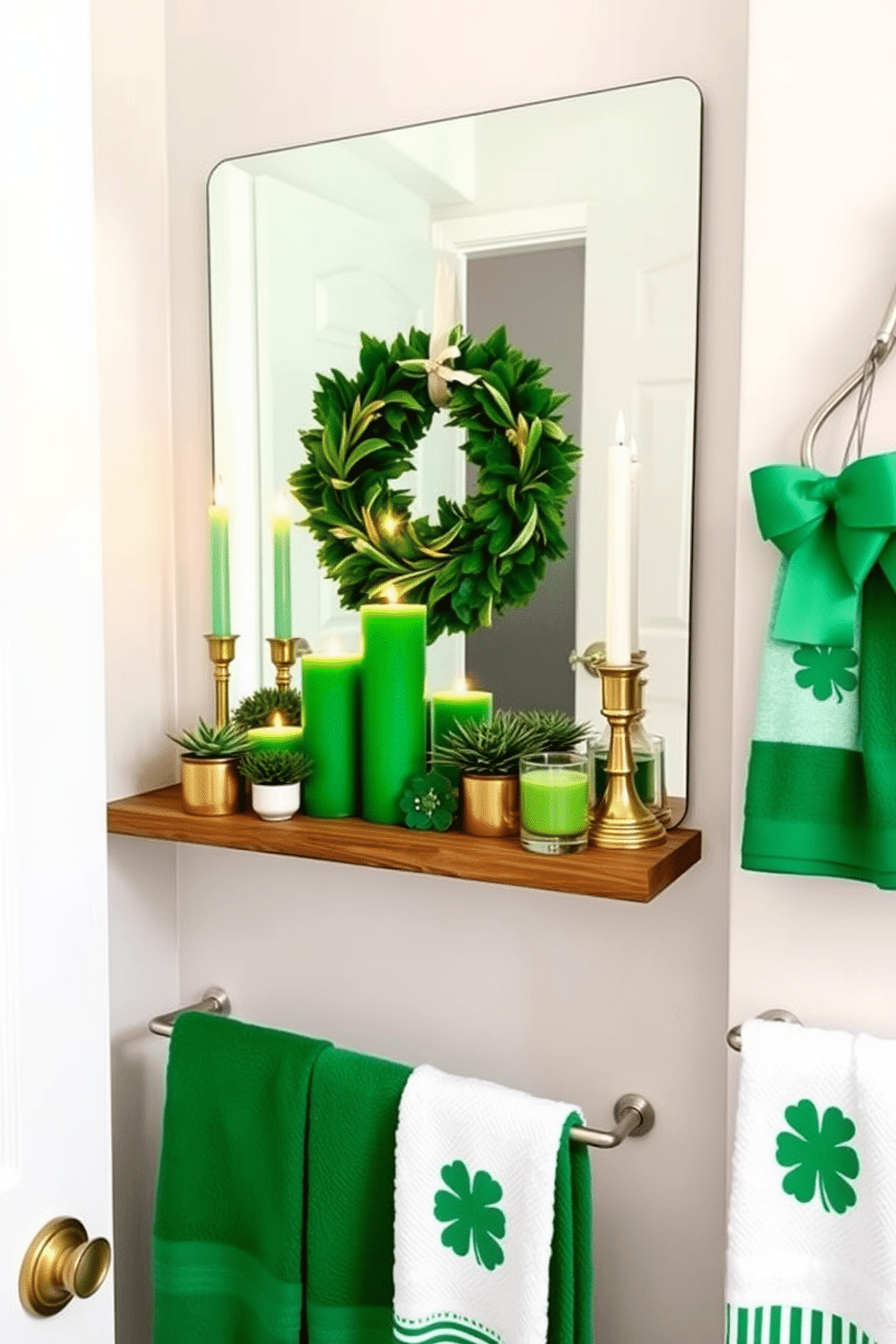 A serene bathroom ambiance featuring green scented candles arranged elegantly on a wooden shelf. The candles are various heights, surrounded by small potted plants and gold accents, creating a cozy and inviting atmosphere. For St. Patrick's Day, the bathroom is adorned with tasteful decorations in shades of green and gold. Subtle touches include a festive wreath on the door and themed towels displayed neatly on the rack, enhancing the celebratory spirit without overwhelming the space.