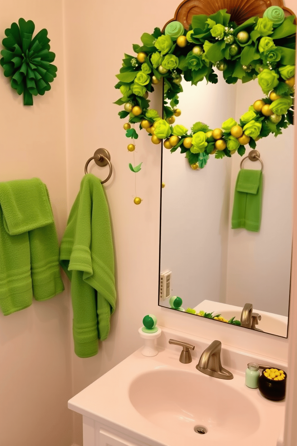 A whimsical bathroom setting inspired by St. Patrick's Day. The space features vibrant green and gold accents, with decorative bath bombs shaped like shamrocks and pots of gold displayed on the vanity. Soft, fluffy towels in shades of green hang neatly by the sink, while a festive garland of shamrocks drapes elegantly across the mirror. A cheerful centerpiece made of fresh green flowers and small gold ornaments adds a touch of holiday spirit to the room.