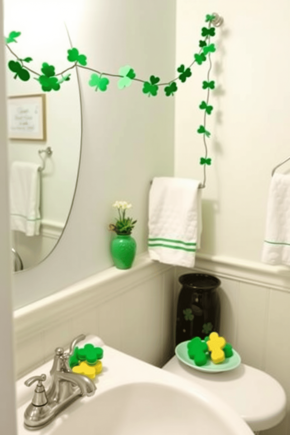 A charming bathroom decorated for St. Patrick's Day features clover-shaped soap bars arranged on a delicate ceramic dish near the sink. The walls are adorned with subtle green accents, and a festive garland of shamrocks hangs above the mirror, adding a playful touch to the space.