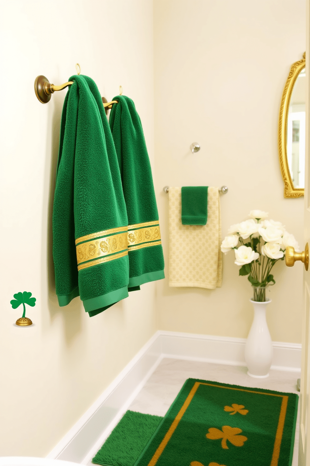 A serene bathroom setting adorned with luxurious green and gold bath towels elegantly draped over a polished wooden towel rack. The walls are painted in a soft cream hue, complementing the rich tones of the towels and enhancing the overall warmth of the space. For St. Patrick's Day, the bathroom features tasteful decorative elements such as small green shamrock accents placed on the countertop and a festive green and gold runner rug. Subtle touches like a gold-framed mirror and a vase of fresh white flowers create a harmonious balance of celebration and sophistication.