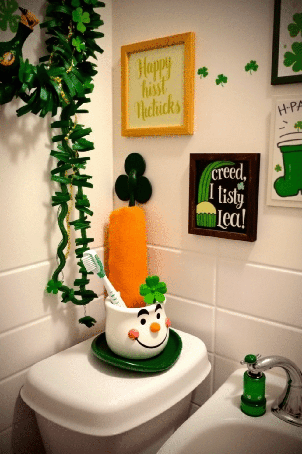 A charming Irish-themed bathroom setting featuring a whimsical toothbrush holder shaped like a leprechaun's hat, adorned with a small shamrock. The walls are decorated with festive St. Patrick's Day accents, including green and gold garlands and playful wall art celebrating Irish culture.