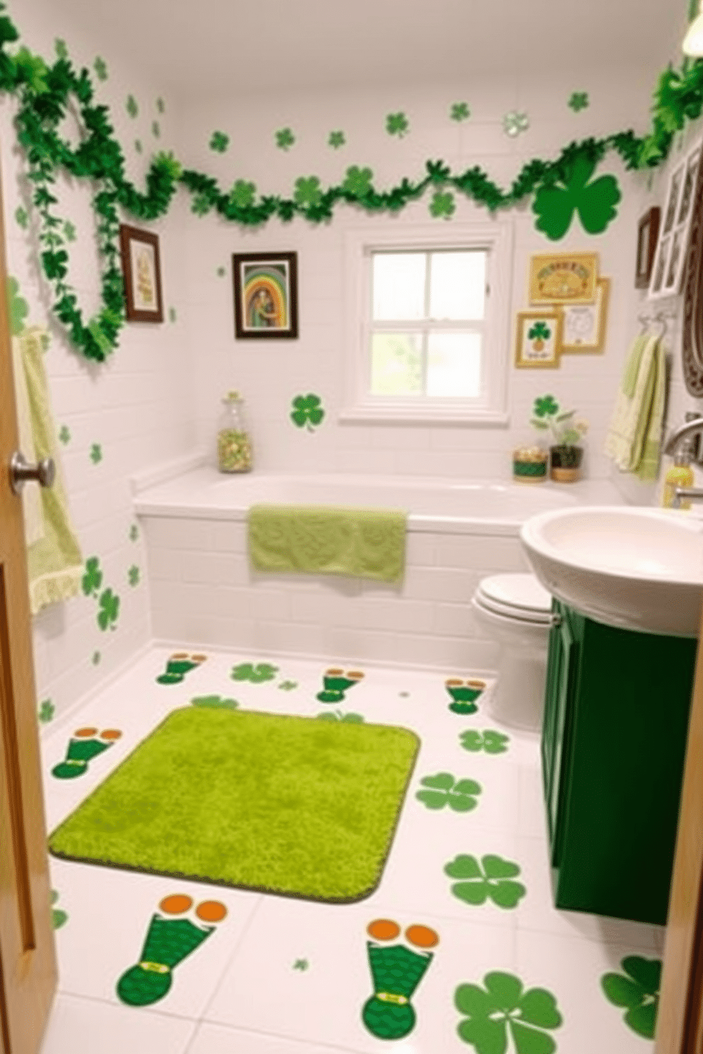 A whimsical St. Patrick's Day themed bathroom featuring Leprechaun footprints floor stickers leading to a vibrant green area rug. The walls are adorned with festive decorations, including shamrock garlands and playful wall art, creating a cheerful and inviting atmosphere.