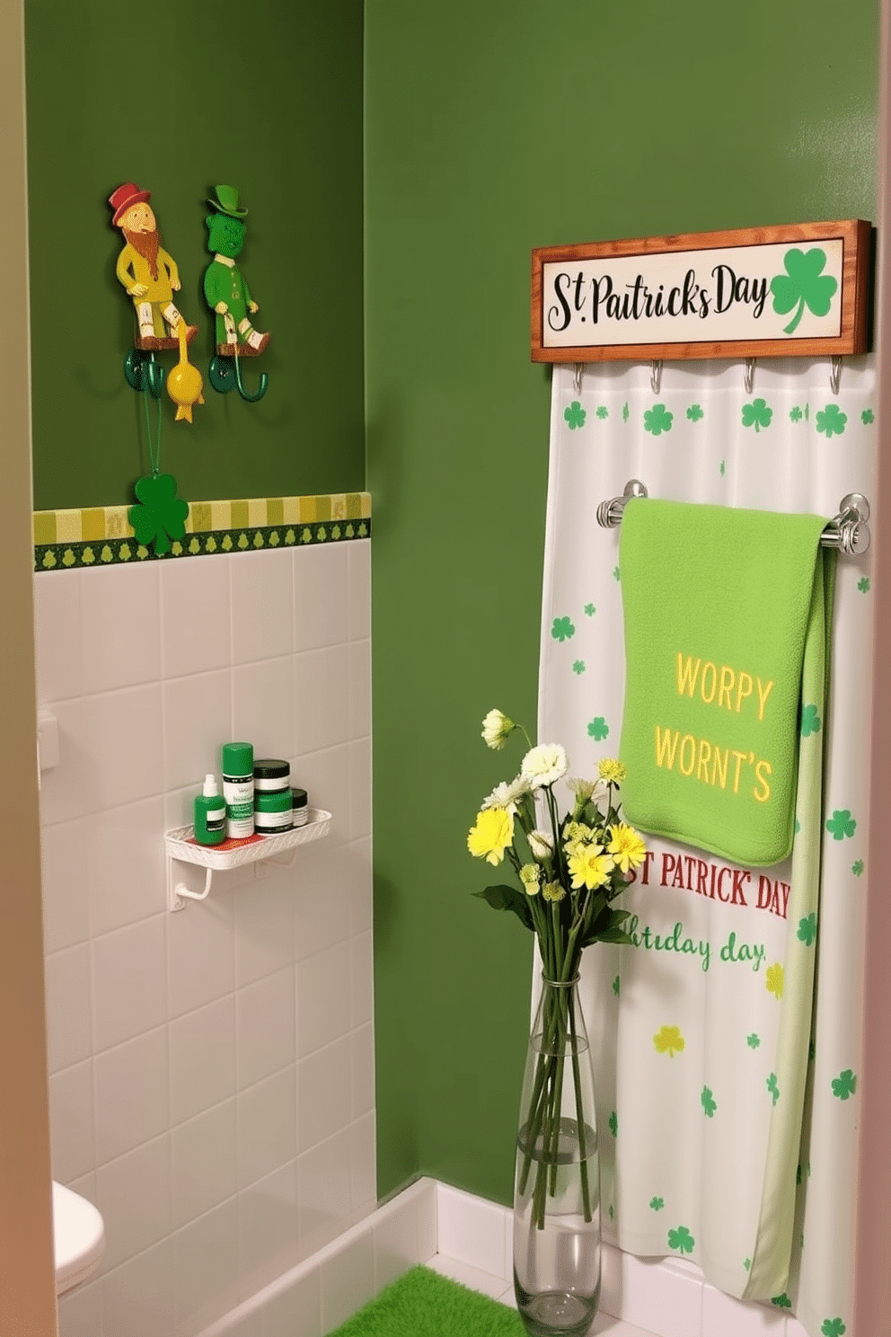 A festive bathroom setting for St. Patrick's Day, featuring shower hooks adorned with vibrant shamrocks and leprechaun motifs. The walls are decorated with playful green and gold accents, while a cheerful shower curtain showcases a whimsical St. Patrick's Day design. To enhance the theme, a small decorative shelf displays a collection of green and gold toiletries, complemented by a plush green bath mat. Fresh flowers in a vase add a touch of nature, and a whimsical sign with a St. Patrick's Day greeting hangs above the towel rack.