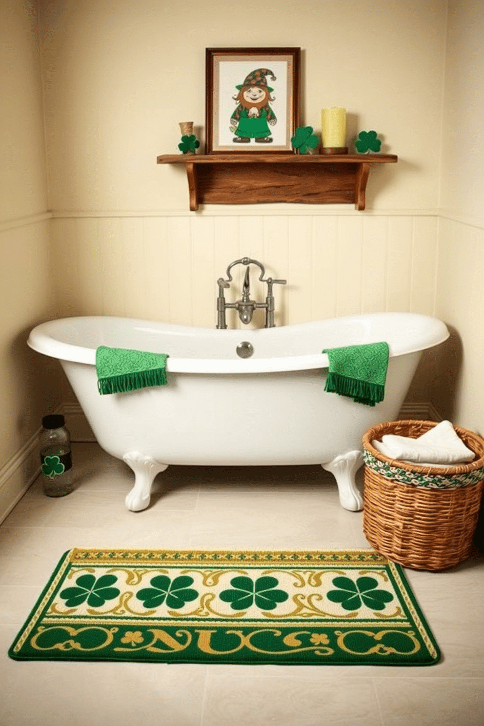 A cozy bathroom setting featuring an Irish-themed bath mat adorned with traditional Celtic patterns in shades of green and gold. The mat is placed in front of a vintage clawfoot tub, surrounded by decorative elements like shamrock-themed towels and a small potted plant for a festive touch. The walls are painted a soft cream color, enhancing the warm ambiance, while a rustic wooden shelf displays St. Patrick's Day decorations such as a framed print of a leprechaun and a green candle. A woven basket beside the tub holds extra towels, completing the inviting and cheerful atmosphere for the holiday.