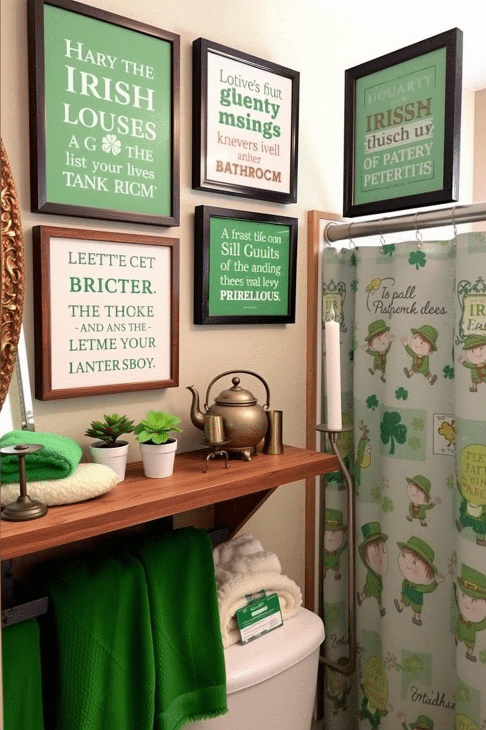 A charming display of framed Irish sayings prints adorns the walls, each featuring a unique blend of traditional fonts and vibrant colors. Below, a rustic wooden shelf holds decorative elements like small potted shamrocks and a vintage teapot, creating a warm and inviting atmosphere. For St. Patrick's Day, the bathroom is adorned with green accents, including plush towels and a festive shower curtain featuring playful leprechauns. Gold accents, such as a decorative mirror and candle holders, add a touch of elegance to the celebratory decor.