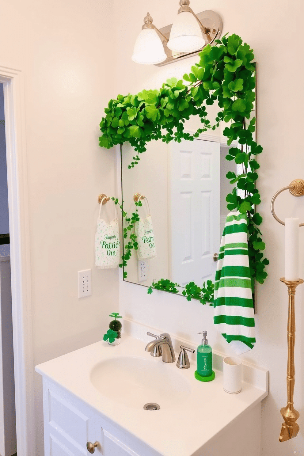 A charming bathroom adorned for St. Patrick's Day features a large mirror surrounded by a lush clover garland, bringing a touch of festive greenery to the space. The walls are painted in a soft cream, complementing the vibrant greens of the garland and enhancing the overall brightness of the room. Decorative accents include small potted shamrocks on the countertop and a whimsical green and white striped towel hanging from the rack. A few gold accents, such as a soap dispenser and a candle holder, add a touch of elegance to this cheerful holiday-themed bathroom.