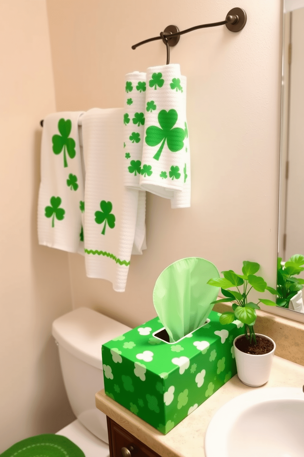 A charming bathroom adorned for St. Patrick's Day, featuring a green tissue box cover that complements the festive theme. The decor includes shamrock-patterned towels hanging from the rack and a small potted plant with vibrant green leaves on the countertop.