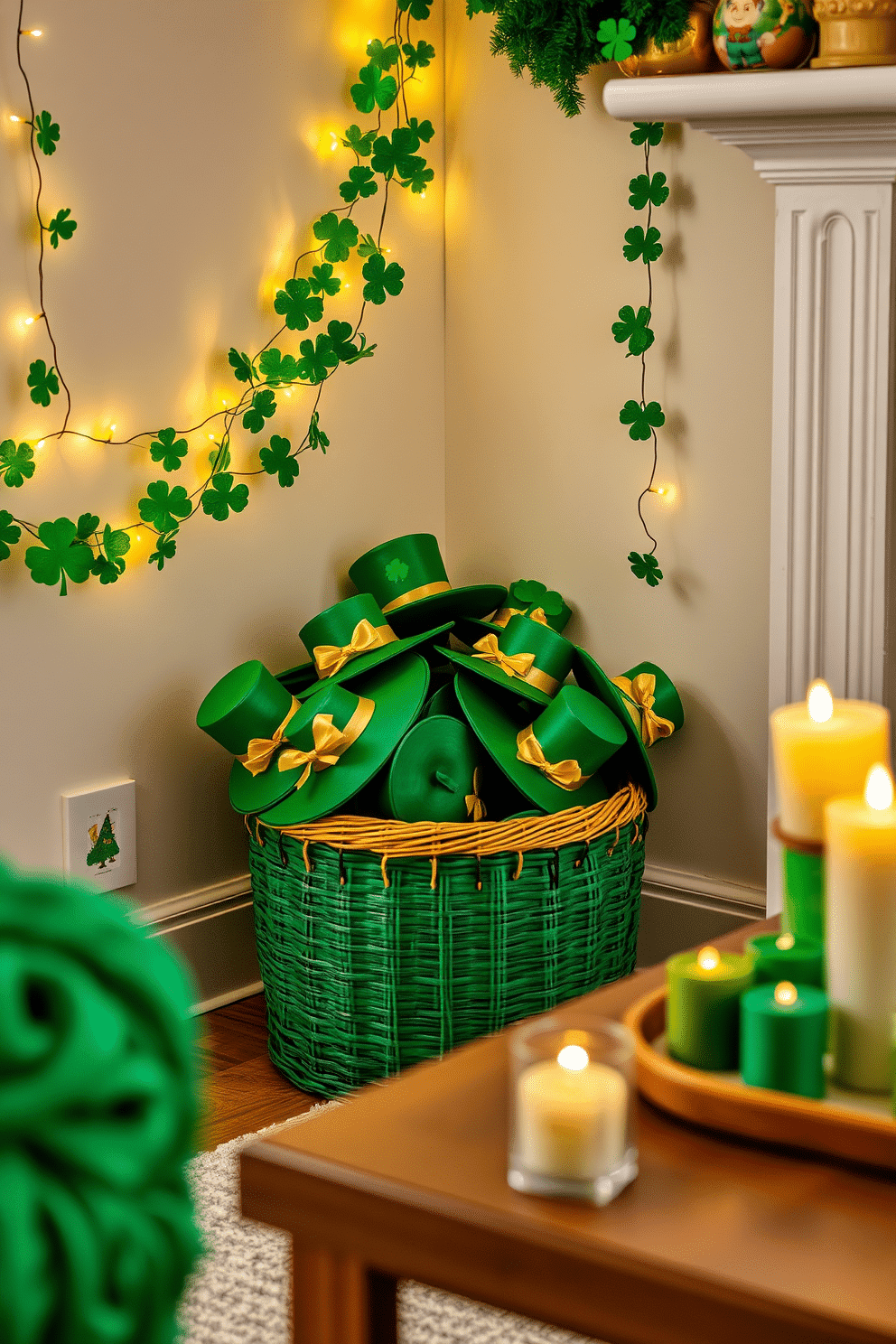 A charming Leprechaun hat storage basket sits in the corner of a festive living room, crafted from woven green fabric adorned with gold accents. Surrounding it are playful St. Patrick's Day decorations, including shamrock garlands and twinkling fairy lights that create a whimsical atmosphere. The basket is filled with vibrant green and gold hats, each embellished with miniature clovers and ribbons. On the nearby coffee table, a collection of decorative candles in shades of green and white adds a warm glow, completing the holiday-themed decor.