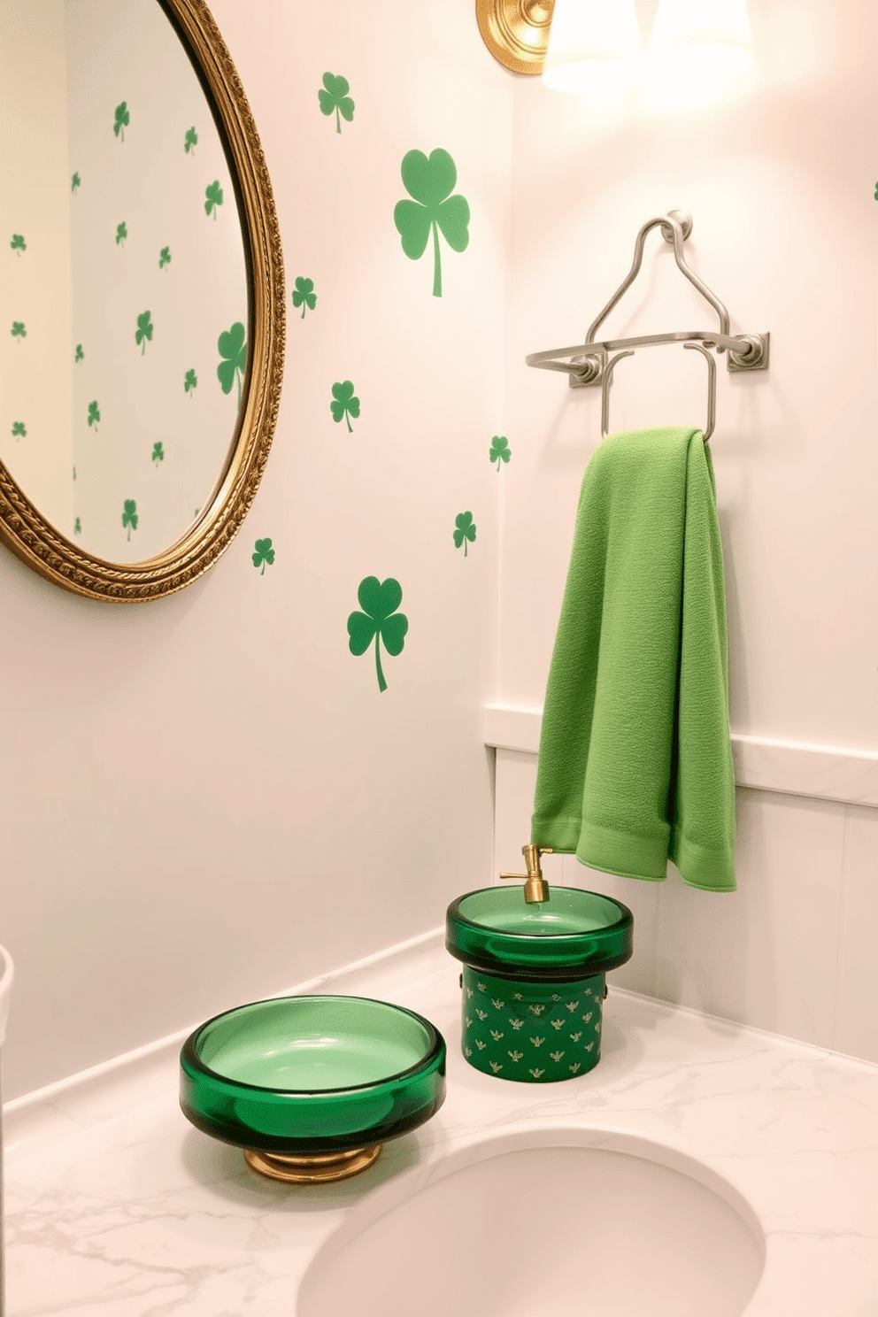 A charming bathroom adorned for St. Patrick's Day, featuring elegant green and gold soap dishes placed on a sleek marble countertop. The walls are decorated with subtle shamrock patterns, while fresh green towels hang neatly from the towel rack, adding a festive touch to the serene space.