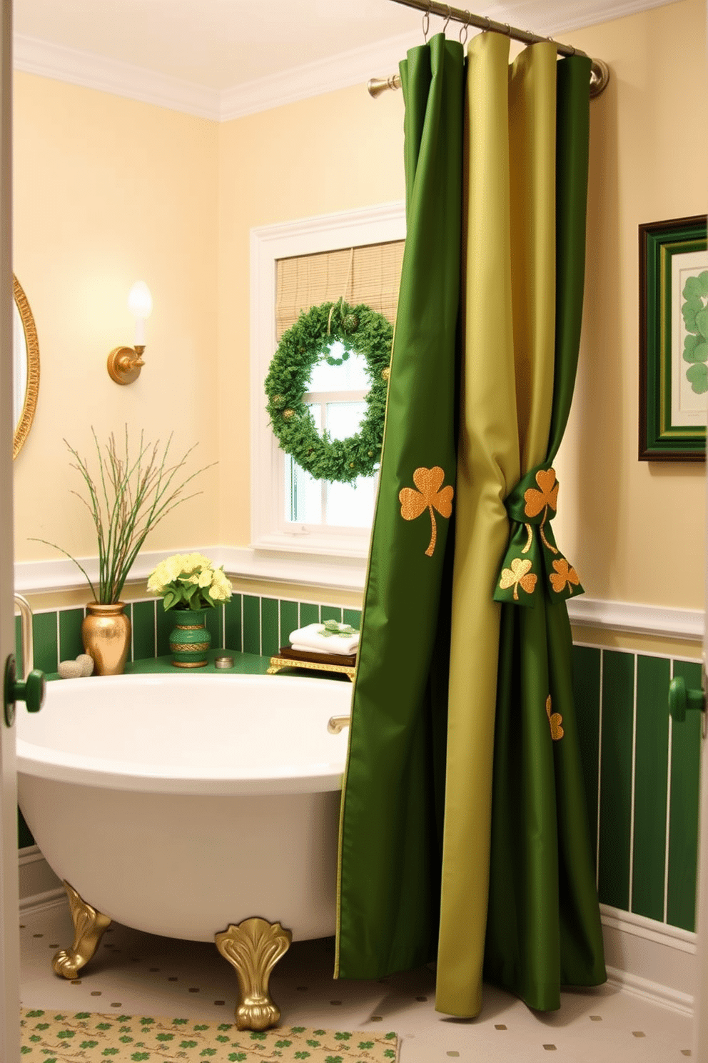 A charming bathroom adorned with Irish-themed decor, featuring elegant bath curtain tiebacks crafted from rich green fabric embellished with gold shamrock motifs. The space is enhanced with tasteful St. Patrick's Day accents, such as a vibrant green and gold color palette, and decorative elements like small potted shamrock plants and themed wall art.