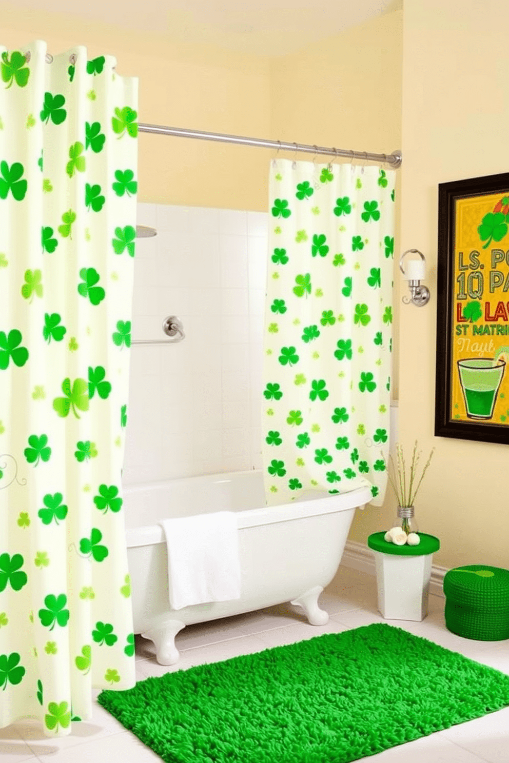 A whimsical bathroom setting adorned with shamrock-patterned bath curtains that gently sway with the breeze. The walls are painted a soft cream, complementing the festive green accents throughout the space, including a vibrant green rug and decorative St. Patrick's Day-themed artwork.