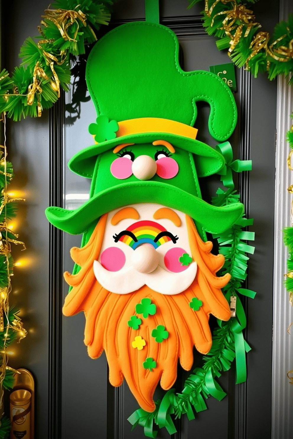 A whimsical leprechaun door hanger made of vibrant green felt, adorned with golden accents and a cheerful face. The hanger is embellished with tiny shamrocks and a playful rainbow, perfect for welcoming guests during the St. Patrick's Day festivities. Incorporate festive St. Patrick's Day decorating ideas throughout the entryway, featuring garlands of green and gold streamers. Add touches of gold glitter and sparkling fairy lights to create a magical atmosphere that celebrates the spirit of the holiday.