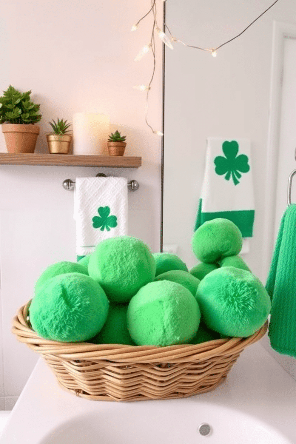 A serene bathroom scene featuring vibrant green bath poufs arranged artistically in a woven basket. The backdrop includes soft white walls and a rustic wooden shelf adorned with small potted plants and candles, creating a calming atmosphere. For St. Patrick's Day, the bathroom is decorated with playful accents such as shamrock-themed towels and a green and gold color palette. Delicate string lights hang above the mirror, adding a festive touch while maintaining an elegant charm.