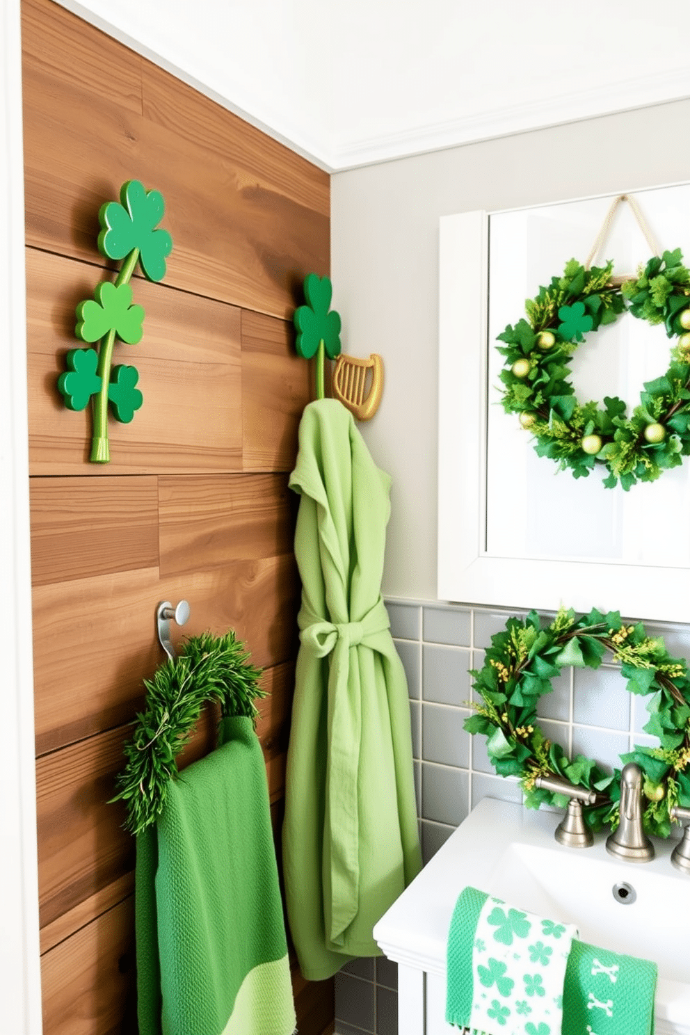 A charming Irish-themed bathroom featuring decorative bathrobe hooks shaped like traditional Irish symbols, such as shamrocks and harps, mounted on a rustic wooden wall. The hooks are complemented by a soft, green bathrobe hanging nearby, creating a cozy and festive atmosphere for St. Patrick's Day. The bathroom is adorned with subtle St. Patrick's Day decorations, including a vibrant green and gold color palette. Delicate accents like shamrock-patterned towels and a festive wreath made of greenery and gold accents enhance the celebratory spirit while maintaining an elegant design.