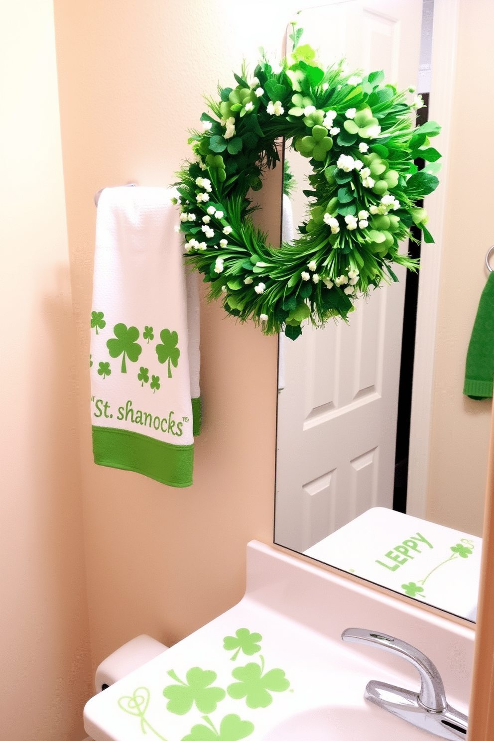 A cozy bathroom adorned for St. Patrick's Day, featuring hand towels with cheerful shamrock patterns hanging neatly on the towel rack. The decor includes vibrant green accents, such as a decorative mat with Celtic designs and a small potted plant with bright green leaves on the countertop. The walls are painted a soft cream color, creating a warm backdrop for the festive decorations. A charming wreath made of faux green foliage and small white flowers is hung on the door, adding a touch of holiday spirit to the space.