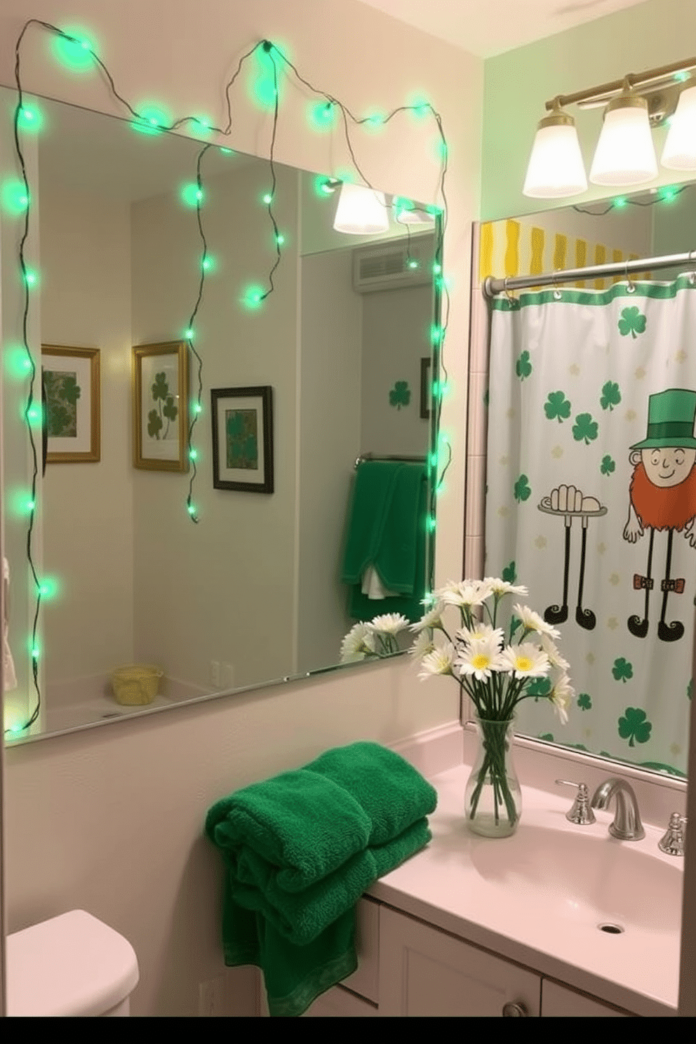 A festive bathroom adorned for St. Patrick's Day, featuring strands of green LED fairy lights draped around the mirror and along the edges of the countertops. The walls are decorated with shamrock-themed artwork, while a cheerful green and gold color scheme brings a lively touch to the space. A whimsical shower curtain with a playful leprechaun design adds a fun element, complemented by plush towels in varying shades of green. A decorative vase filled with fresh white daisies sits on the vanity, enhancing the celebratory atmosphere.