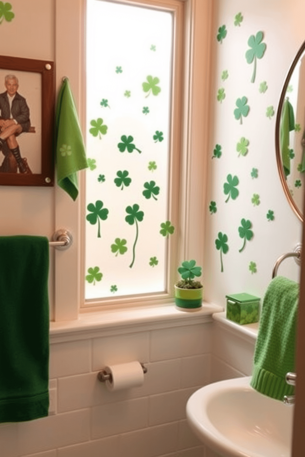 A charming bathroom adorned with clover leaf wall decals that create a festive atmosphere for St. Patrick's Day. The decals are arranged playfully on a soft white wall, enhancing the space with a touch of greenery and whimsy. Incorporate various shades of green in the decor, including towels and accessories, to complement the clover theme. A small potted shamrock plant sits on the windowsill, adding a natural element that ties the design together.